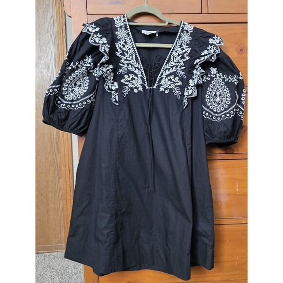 Elan Embroidered Medium Ruffle  Bell Sleeve Dress Black Tie Front Knee Length - Picture 1 of 12